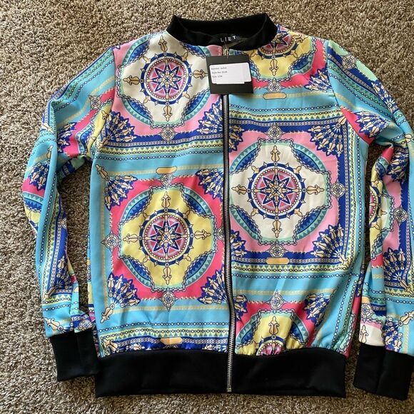 💼Light Wear Summer Bomber Jacket, Paisley Chain Print, Zip Front - Picture 13 of 13